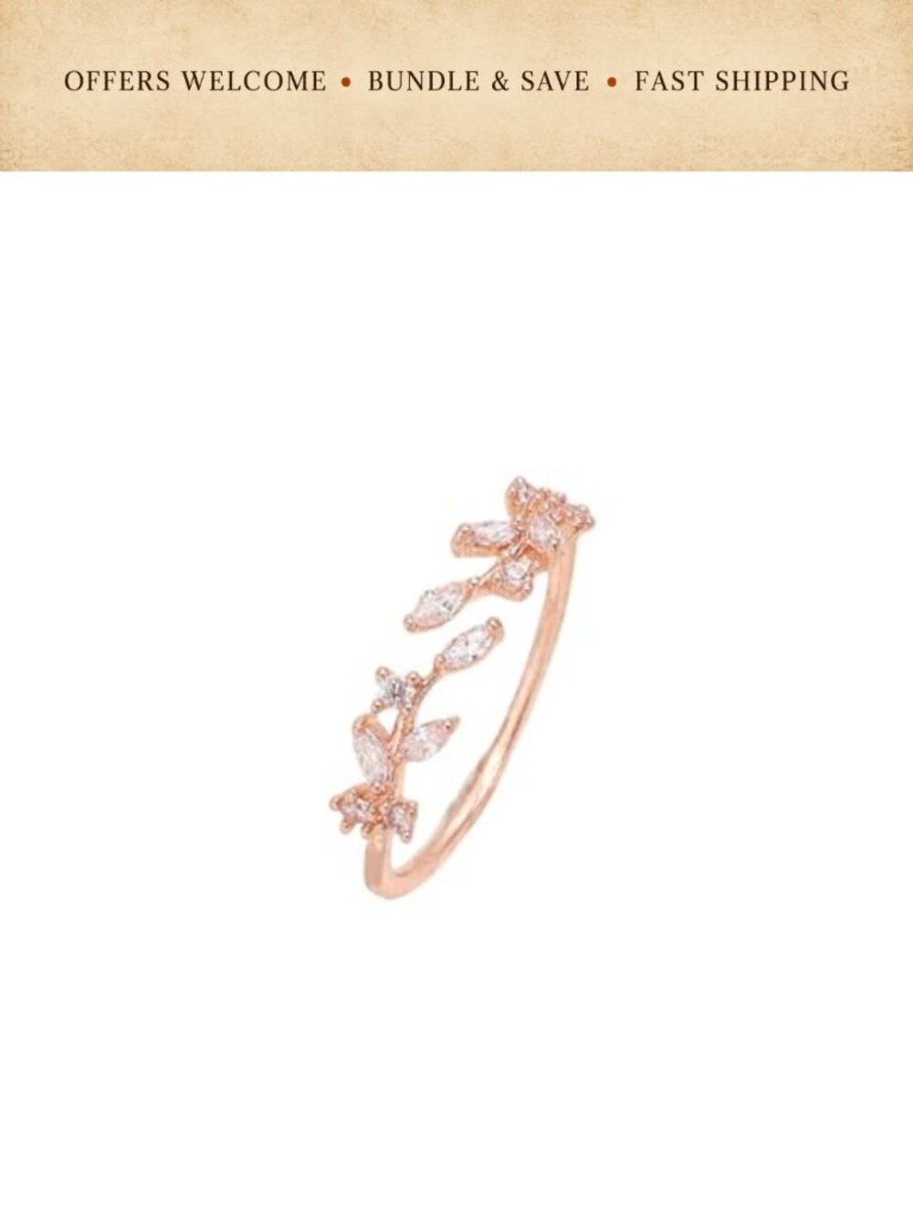18K Gold Plated Adjustable Double Leaf Wrap Ring Cubic Zirconia Stackable